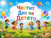 Весели деца с балони и хвърчила тичат през слънчева цветна поляна