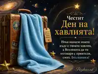 Космическа картичка за Деня на хавлията със синя хавлия, куфар и „Без паника!“