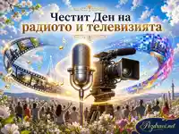 Празнична сцена за Деня на радиото и телевизията с микрофон, камера и светлинни ефекти