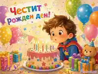 Весел детски рожден ден с момче, торта, балони, подаръци и надпис „Честит рожден ден!“