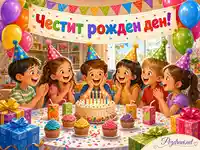 Весел детски рожден ден с торта, балони и надпис „Честит рожден ден!“