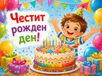 Весела картичка за детски рожден ден с момче, торта, балони и подаръци