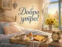 Добро утро с кафе, закуска в леглото и слънчогледи до отворен прозорец