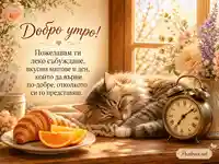 Добро утро с коте, кроасан, цветя и топло пожелание за леко събуждане