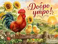 Добро утро с петел, пиленца, слънчогледи и селски изгрев