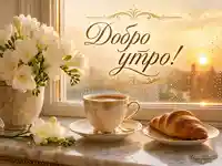 Елегантно добро утро с кафе, бели цветя, кроасан и златист изгрев