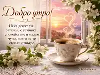 Нежно добро утро с кафе, бели цветя, изгрев и топло послание за усмивка