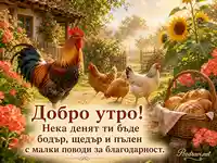 Селско добро утро с петел, хляб, слънчогледи и благодарност