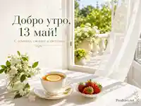 Слънчево добро утро на 13 май с чай, ягоди и бели цветя
