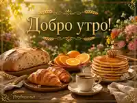 Златисто „Добро утро!“ с богата закуска, кафе, мед, портокали и слънчева градинска атмосфера