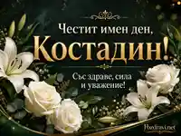 Елегантен имен ден за Костадин със златен надпис, бели лилии и рози