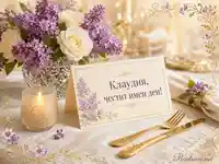 Елегантна картичка за имен ден на Клаудия с люляци, бели рози и златни празнични детайли