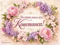 Флорална картичка за имен ден на Констанса с божури, люляк и златисти орнаменти