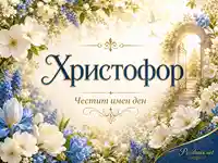 Христофор - честит имен ден с бели и сини цветя, златни орнаменти и светла градинска арка