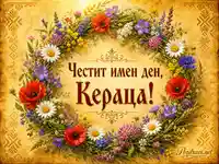 Имен ден на Кераца с венец от полски цветя и фолклорни орнаменти