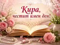 Имен ден на Кира с рози, пролетни цветя и отворена книга