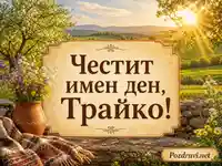 Имен ден на Трайко сред слънчев селски пейзаж, цветя и традиционна българска украса