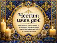 Луксозна синьо-златна картичка за имен ден със свещи, цветя и благословия
