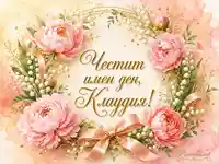 Нежна картичка за имен ден на Клаудия с розови божури, момини сълзи и златен надпис