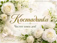 Нежна картичка за имен ден на Костадинка с бели рози и златни орнаменти