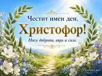 Слънчева картичка за имен ден на Христофор със златен надпис, цветя и лаврови клонки