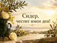 Слънчева картичка за имен ден на Сидер с бели рози, маслинови клонки и златист надпис