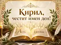 Тържествен имен ден за Кирил със старинна книга, кирилица и златни лаврови клонки