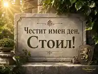 Тържествен имен ден за Стоил с каменна плоча, зеленина и щит със златен лъв