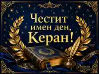 Златна именна картичка за Керан с книга, перо и тържествен надпис