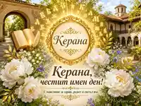 Златна картичка за имен ден на Керана с цветя и духовен манастирски фон