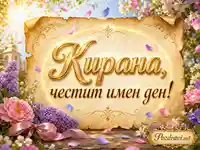 Златна пролетна картичка за Кирана с надпис „честит имен ден“
