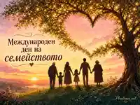 Международен ден на семейството с топъл залез и семейство под дърво-сърце