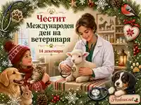 Коледна сцена за Международния ден на ветеринаря с ветеринар, дете и животни