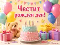 Детски рожден ден с торта, балони, подаръци и надпис „Честит рожден ден!“