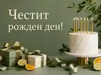 Елегантна зелена картичка с торта, свещи, подаръци и надпис „Честит рожден ден!“