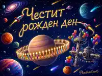Космически рожден ден с планета, свещички, ракети, балони и надпис „Честит рожден ден“