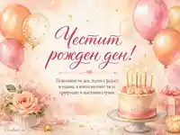 Нежна акварелна картичка за рожден ден с торта, балони, цветя и мило послание