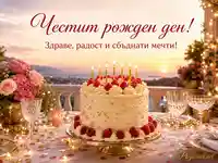 Рожден ден с елегантна торта, свещички, цветя и залез над морето