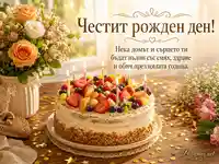 Рожден ден с плодова торта, свещи, рози и топло пожелание