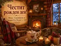 Уютен зимен рожден ден край камина с горещ шоколад, котка и подарък