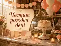 Винтидж рожден ден с торта, балони и надпис „Честит рожден ден!“