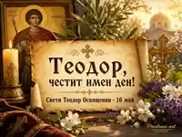 Имен ден на Теодор със свети Теодор, православен кръст, свещ и цветя