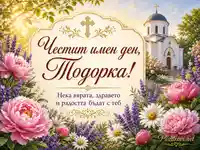Имен ден на Тодорка с православен кръст, църква и цветна пролетна украса
