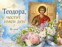 Теодора, честит имен ден на 16 май със свети Теодор, икона, свещи и пролетни цветя