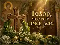 Златна православна картичка за имен ден на Тодор с кръст, икона и лаврови клонки