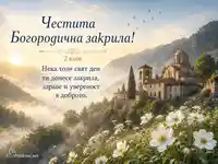 Светла картичка за Богородична закрила с манастир и утринна мъгла