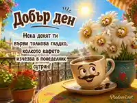 Слънчева картичка „Добър ден“ с усмихната чаша кафе и смешни маргаритки