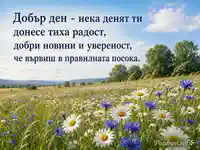 Ведра картичка за добър ден с поляна, маргаритки и спокойно дневно небе
