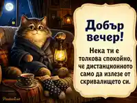 Уютен добър вечер с котарак, фенер, чай и лунна светлина