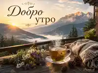 Планинско добро утро с билков чай, диви цветя и изгрев над мъглива долина